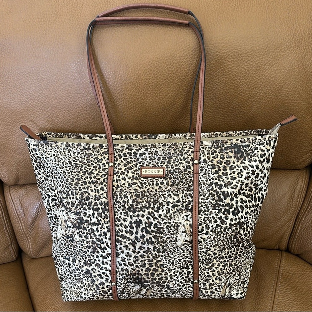 Bonnie Leopard Print Large Tote Bag in Brown & Cream with Engraved Sparkly Dots